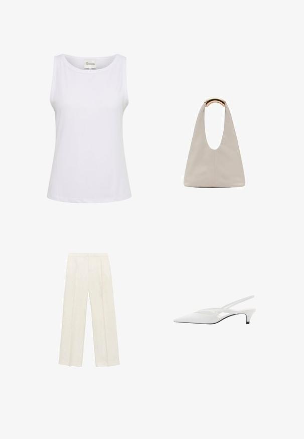 White sleeveless top made of ribbed fabric, featuring a round neckline and a slightly relaxed fit. Tag reads "MY ESSENTIAL WARDROBE," size M.; Wide-legged trousers in a light cream color. Made from a smooth fabric with pleats at the front and side pockets.; White slingback heel with pointed toe, featuring a smooth upper, subtle cutouts, and a low block heel. Black sole accentuates design.; Light gray leather bag with a U-shaped design and a curved metallic handle. Smooth texture with minimal stitching and no visible patterns.