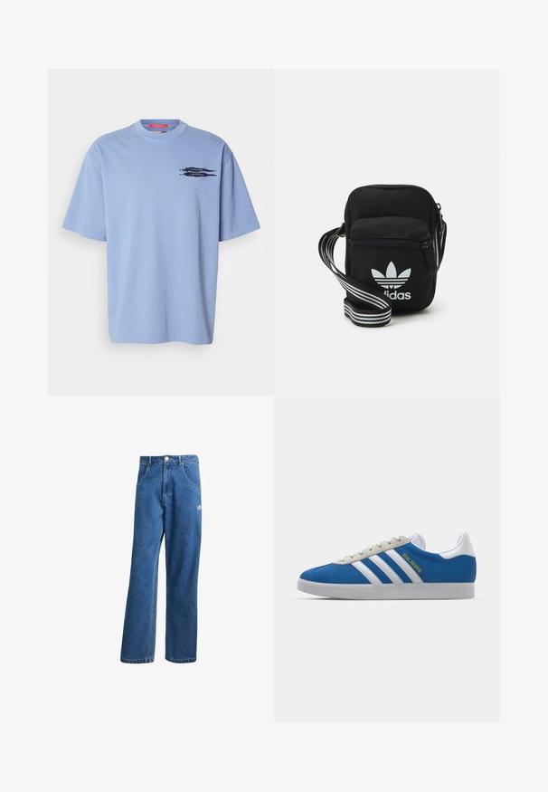 T-shirt de algodão de mangas curtas em azul claro. Apresenta um decote redondo e um gráfico preto de setas na área esquerda do peito.; Calças de ganga azul com cintura alta e perna larga, com bolsos frontais, passadores de cinto, fecho de botão e pequeno logótipo da Adidas na coxa direita.; adidas Originals ADIDAS GAZELLE SHOES - Botas de futebol de salão - real madrid/bluebird/footwear white/crew yellow; Sacolinha transversal de tecido preto com fecho de zíper, apresentando um logo da Adidas em branco e uma alça ajustável listrada para facilitar o transporte.