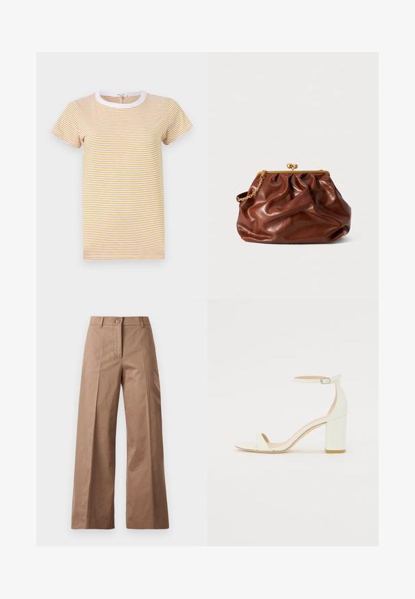 rag & bone THE SLUB STRIPE TEE - Print T-shirt - yellowmult; Brown wide-leg trousers made from a smooth fabric, featuring a front button closure, two front pockets, and clean, tailored lines.; White leather block-heel sandal featuring an ankle strap with a buckle and minimalist design. Open toe and smooth textures throughout.; Brown leather clutch bag with gold clasp frame and short gold chain handle, featuring a soft, gathered texture on a white background.