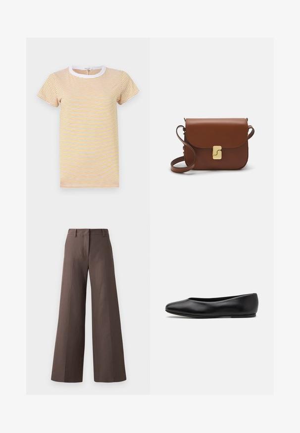 rag & bone THE SLUB STRIPE TEE - T-shirt imprimé - yellowmult; Pantalons amples marron en tissu lisse ; dotés d'un devant plat, de passants de ceinture et de coutures verticales le long des jambes.; Paul Smith TOPANGA - Ballerines - black; Sac à main en cuir marron avec une fermeture à rabat, des accents en métal doré, une bandoulière et une texture lisse. Forme rectangulaire compacte.