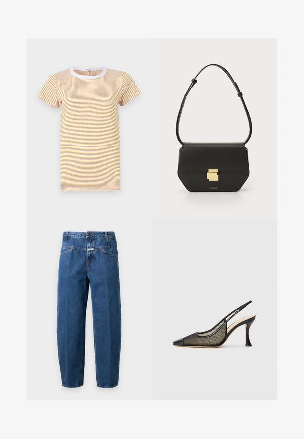 rag & bone THE SLUB STRIPE TEE - Print T-shirt - yellowmult; Denim jeans in dark blue, featuring a relaxed fit, five-pocket design, stitched seams, and a button closure at the waistband.; Black slingback high-heeled shoe featuring a pointed toe, mesh detailing, and a smooth leather cap. Colors include black and beige accents.; CLOSED CLOSED ONE - Cross body bag - black