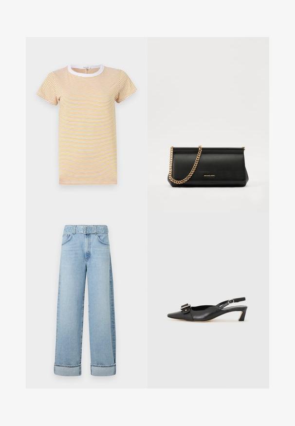 rag & bone THE SLUB STRIPE TEE - Print T-shirt - yellowmult; Light blue wide-leg jeans made of denim, featuring a high waist, belt loops, five pockets, and rolled cuffs at the hem.; Black leather slingback shoe with pointed toe, small heel, and decorative buckle detail on the upper. Smooth texture, minimalistic design.; Black leather clutch bag with a gold chain strap, featuring a smooth texture, rectangular shape, and embossed branding on the front.