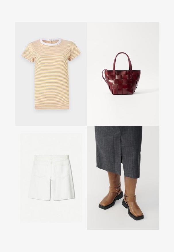 rag & bone THE SLUB jasnożółty; Białe dżinsowe szorty o prostym kroju, z wysokim stanem, dwoma tylnymi kieszeniami i subtelnymi detalami przeszycia.; Brązowe skórzane kozaki do kolan z kwadratowym noskiem, czarną gumową podeszwą i regulowanym zapięciem. Noszone z szarym spódnicą w prążki.; Torebka tote z wPLECIONEJ bordowej skóry, z dwoma krótkimi uchwytami i odpinanym paskiem na ramię. Charakteryzuje się usztywnionym kształtem i gładką fakturą.