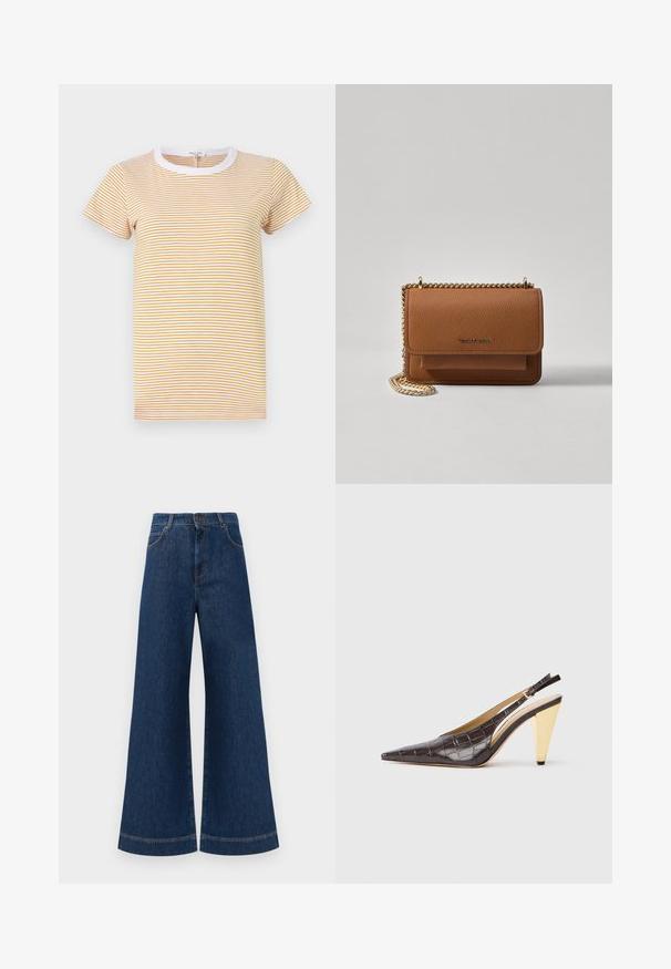 rag & bone THE SLUB STRIPE TEE - Potiskana majica - yellowmult; Svetlo modri jeans širokih nogavic z visokim pasom, ki imajo zaponko, težke zanke za pas in subtilne šive ob žepih in robovih.; Slingback peto s koničastim nosom, v temno rjavi sijoči umetni krokodilji usnjeni različici. Ima zlate geometrijske pete in nastavljiv ankel trak.; Rjava teksturirana usnjena torba čez ramo z zlatim verižnim trakom in zapiranjem na pokrov. Spredaj je vidna podrobnost logotipa in žep pod pokrovom.