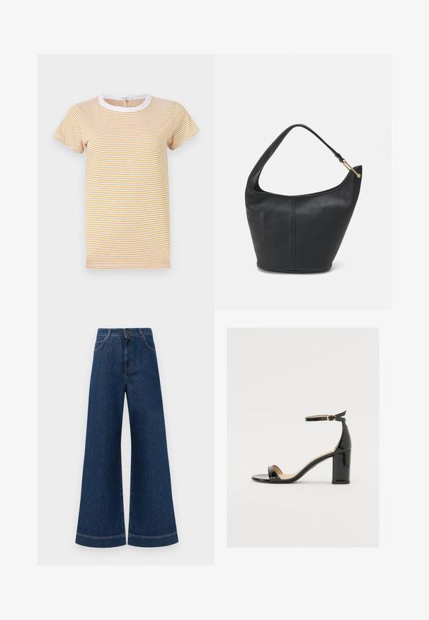 rag & bone THE SLUB STRIPE TEE - T-shirt med print - yellowmult; Bredda blå denimjeans med hög midja, med knappstängning, bältesögglor och subtila sömdetaljer längs fickorna och fållarna.; Svart lacklädersandal med bred klack, öppen tå och ankelsnöre med ett gyllene spänne. Slät textur och elegant design.; Svart läderhandväska med rundad form, bred axelrem och texturerad yta. Har en diskret sömdetalj och accenter i guldton.