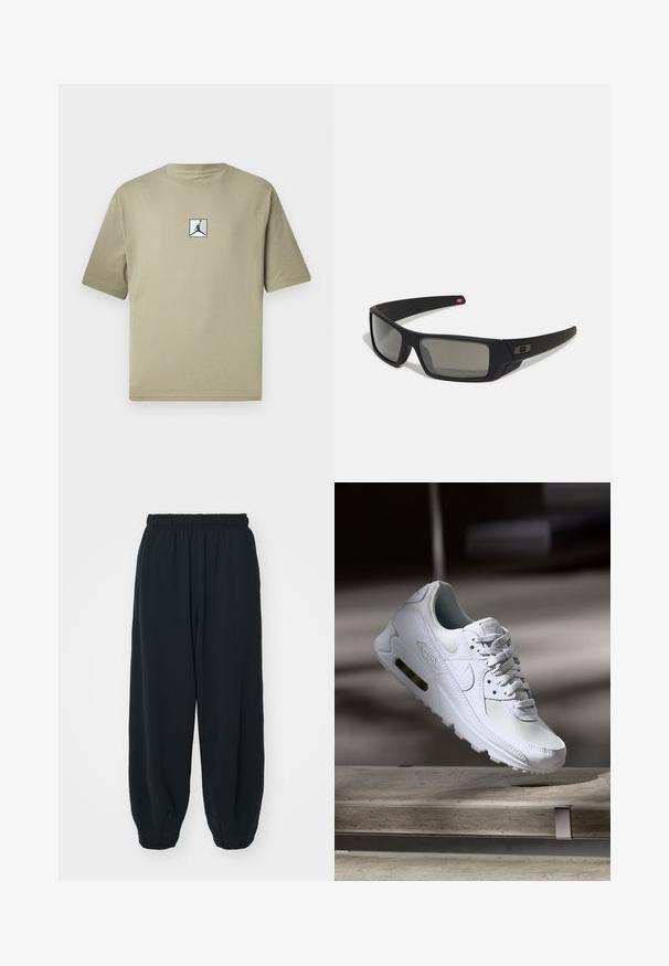 Khaki bomulls t-shirt med korta ärmar, med en liten svart Jordan-logotyp i en vit ruta på framsidan. Enkelt design och avslappnad passform.; Svarta, elastiska sweatpants med lös passform, mudd vid anklarna, slät textur och utan synliga mönster eller detaljer i metall.; Vita Nike Air Max 90 sneakers med en ovandel i mesh och läder, perforerad tåbox och en synlig luftenhet i hälen.; Svarta solglasögon med matt yta, rektangulära linser, lätt kurva vid skalmarna, diskret logotypdetalj och rökfärgade linser.