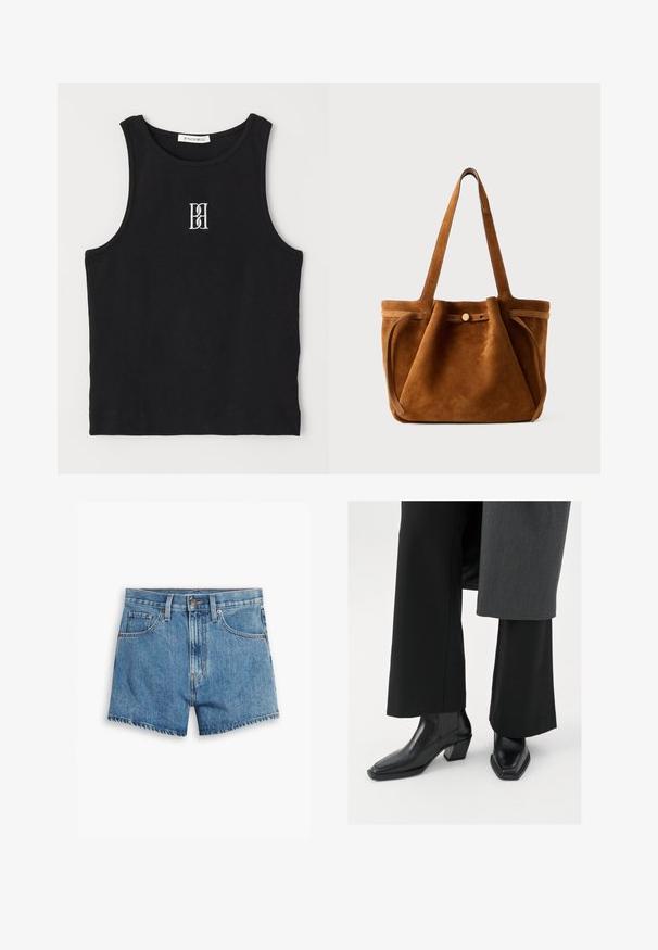 Juodas raštuotas lieknas marškinėliai su apvalia iškirpte ir balta siuvinėta logotipu. Medžiaga yra glotni su pritaikytu siluetu.; Šviesiai mėlyni džinsiniai šortai, turintys penkis kišenes, užtrauktuko užsegimą ir mygtuko uždarymą. Apačia yra nusidėvėjusi, o dizainas yra laisvo pjūvio.; Juodi auliniai batai su kvadratiniais pirštais ir siauru kulnu, pagaminti iš blizgiai odos, su vertikaliomis briaunomis šonuose.; Rudas suedes rankinė su dviem rankenomis, mygtuko uždarymo dirželiu ir atsipalaidavusia, šiek tiek nulinkusia forma.