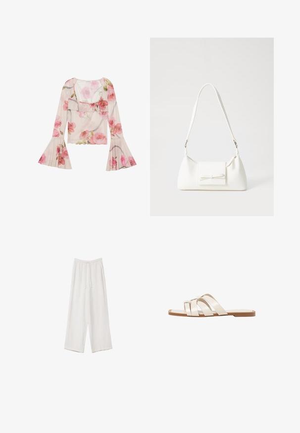 Bloes met bloemenprint gemaakt van doorschijnende stof, met klokmouwen, een gerimpelde halslijn, rozenpatronen in roze en een lichte, luchtige uitstraling.; Witte wijde broek gemaakt van een lichte stof. Voorzien van een elastische tailleband met een trekkoord en zijzakken. Zachte textuur.; Vlakke sandalen met een tan rubberen zool, ontworpen met drie overlappende witte leren banden en een kleine strikdetail in het midden.; Witte synthetische handtas met een driehoekige vorm, platte voorklep en strikdetail, verstelbare schouderriem, gladde textuur en minimalistisch ontwerp.