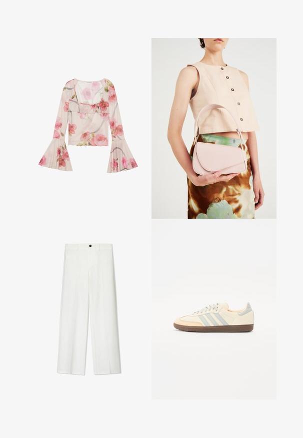 Kukkalinen paita, joka on valmistettu läpinäkyvästä kankaasta. Siinä on kellotipit, röyhelökaulus, vaaleanpunaisia ruusukuoseja ja kevyt, ilmava muotoilu.; Valkoiset, leveälahkeiset housut, joissa on sileä pinta, etupainike suljinta ja vyölenkit, suunniteltu rennoksi istuvuudeksi.; Tennarit, joissa on kerma-nahkainen päällinen, vaalean siniset raidat ja persikan väriset yksityiskohdat. Varustettu teksturoidulla ruskealla kumipohjalla ja minimalistisella muotoilulla.; Vaaleanpunainen nahkakäsilaukku, jossa on kaareva läppä, yksittäinen olkahihna ja puhtaat linjat. Laukussa on sileä pinta ja minimalistinen muotoilu.