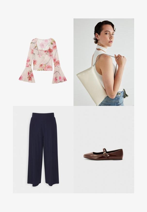 Lillelillane blouse, mis on valmistatud läbipaistvast kangast, millel on kellukesed varrukad, rüüstatud kaelus, roosad rooside mustrid ning kergelt õhuline disain.; Tumed põlvpüksid tumedast meresinisest kangast, millel on sooneline tekstuur. Omab sujuvat vööd ja voolavat siluetti, ulatudes pooleni säärest.; Pruun patendiga nahast pallisaapad ruudukujulise varbaga ja rihmaga, millel on väike kuldne pandla. Sile tekstuur, madal konts ja minimalistlik disain.; Valge ristkülikuline kotti, mis on valmistatud läikivast materjalist, hõbedase ahelsangaga. Mudel poseerib, tutvustades kotti ühtlase taustaga.