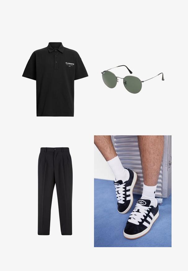 Fekete pamut poloing klasszikus gallérral, két gombbal és fehér nyomott logóval a bal mellrészen.; Fekete nadrág, pliszézett elejű dizájnnal, sima anyagból készült. Gombos záródás és övhurkok jellemzik; egyenes szabású.; Fekete velúr sportcipők fehér fűzőkkel és három fehér csíkkal. A nyelvén egy kör alakú fekete logó található, valamint egy gumis talp.; Fémkeretes napszemüveg ovális zöld lencsékkel. Vékony ezüst színű fémkeret és fekete fülrész. Minimalista dizájn, látható logók nélkül.