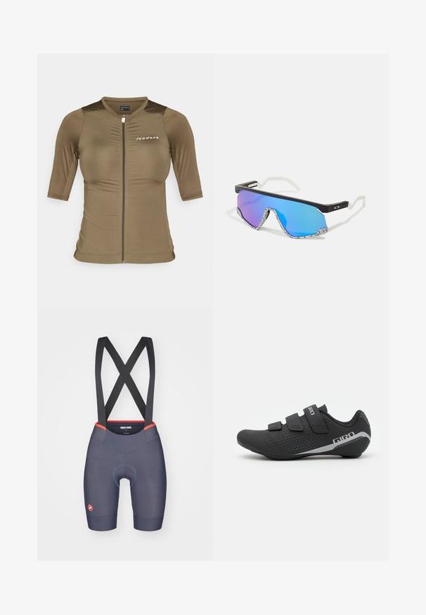 Maillot de cyclisme à manches courtes en vert olive, avec un zip à l'avant, un tissu texturé et un logo sur la poitrine. Design ajusté.; Shorts de cyclisme pour hommes en tissu bleu marine avec des accents rouges, dotés d'un coussinet chamois sans couture et d'un design de bretelles croisées.; Giro STYLUS - Chaussures de cyclisme - black; Lunettes de sport avec une monture noire, des accents blancs et des verres miroitants dégradés bleus. Branches texturées avec un motif blanc et noir.