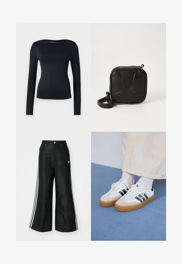 Top negro de manga larga hecho de una tela suave y elástica; presenta un escote amplio y un diseño ajustado. Estilo minimalista sin patrones o acentos visibles.; Pantalones de denim anchos y negros con tres franjas blancas en cada lado y un pequeño logo blanco. Cuenta con bolsillos frontales y un cierre de botón.; Zapatillas blancas con rayas negras y acentos de ante beige. Cuentan con una suela de goma texturizada y cordones blancos planos, usadas con calcetines de color claro.; Bolso cruzado negro hecho de material sintético texturizado. Presenta un diseño de logo en relieve y correa ajustable. Cierre con cremallera.