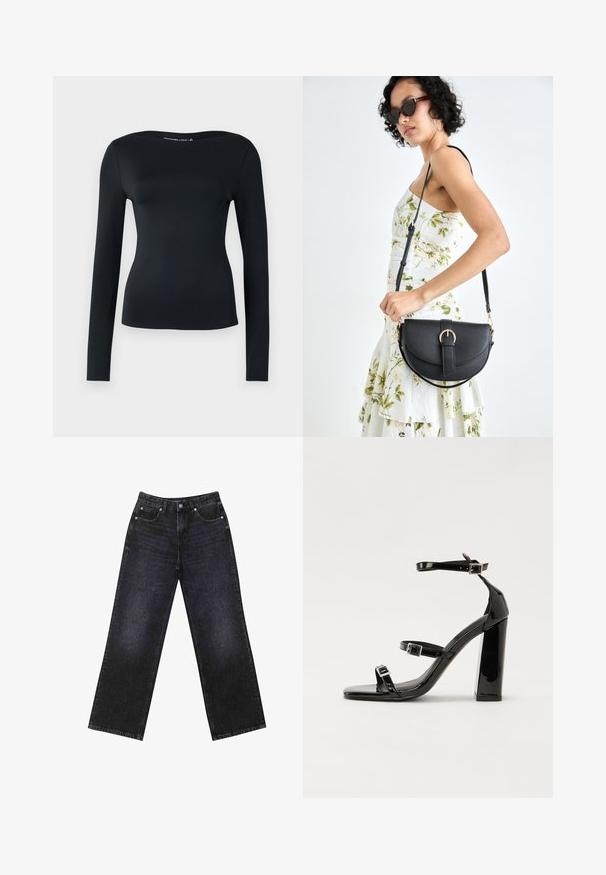 Top noir à manches longues en tissu lisse et extensible ; présente un col large et une coupe ajustée. Style minimaliste sans motifs ni accents visibles.; Jean en denim noir taille haute avec une coupe large, design à cinq poches et coutures visibles. Le tissu a une finition lisse, légèrement texturée.; Sandales à talons vernies noires avec un bout carré, des sangles autour de la cheville et des boucles en argent. Dotées d'un talon bloc épais pour plus de stabilité.; Sac à main en cuir noir avec une forme courbée, bandoulière amovible et des accessoires en or. Le sac est doté d'un rabat avec un détail de boucle.