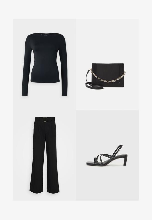 Black long-sleeve top made of smooth, stretch fabric; features a wide neckline and fitted design. Minimalist style with no visible patterns or accents.; Black wide-leg trousers made of lightweight fabric, featuring a smooth texture, front pleats, and a belt with a square metal buckle.; Black strappy sandal with a square toe and a low block heel. Features multiple thin straps and an adjustable ankle strap. Made of smooth leather.; Black leather crossbody bag featuring a smooth texture, rectangular shape, and a metallic chain detail on the front. Adjustable strap included.