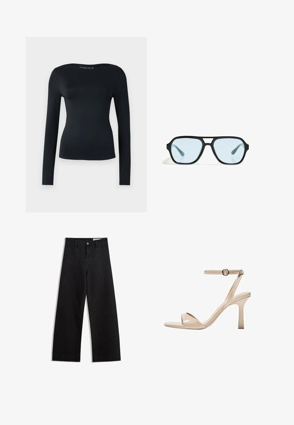 Top lung cu mâneci lungi, de culoare neagră, confecționat dintr-un material neted și elastic; are un decolteu larg și un design ajustat. Stil minimalist, fără modele sau accente vizibile.; Pantaloni din denim negri cu picioare largi, cu talie înaltă, având buzunare frontale și posterioare, cusături dublate și închidere cu nasture. Textură netedă.; Sandal cu toc înalt din piele patent nud, cu o curea subțire pentru gleznă și o cataramă circulară, design cu vârful descoperit și un toc stiletto subțire.; Ochelari de soare negri cu rame rectangulare, lentile cu nuanță albastră și un design distinctiv al punții. Finisaj elegant, textură subtilă.; Bershka WITH CHAIN - Geantă de mână - black