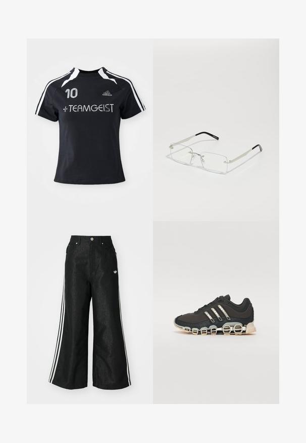 Juodas trumpomis rankovėmis džersis su baltomis juostelėmis, priekyje yra išsiuvinėtas numeris "10" ir " + TEAMGEIST". Pagamintas iš minkštos, kvėpuojančios medžiagos.; Juodos plačios džinsinės kelnės su trimis baltais juostelėmis kiekvienoje pusėje ir mažu baltu logotipu. Yra priekiniai kišenės ir sagčių užsegimas.; Juodos sportinės avalynės su tekstūruotu viršumi, trimis sidabro juostomis ir išskirtiniu amortizuojančiu padu, turinčiu kelias integruotas dalis.; Stačiakampiai akinių lęšiai su plonu sidabriniu metaliniu rėmu ir juodais acetato galiukais. Išskirtinai minimalus dizainas su nedideliu aparatūros kiekiu.