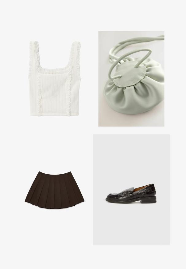 Koton Top - off white; Dark brown pleated mini skirt with evenly spaced vertical folds, displayed against a white background.; Billi Bi Slip-ons - espresso; Green satin drawstring pouch bag with gathered texture and a circular base. Features a rounded, stitched closure and braided handle.