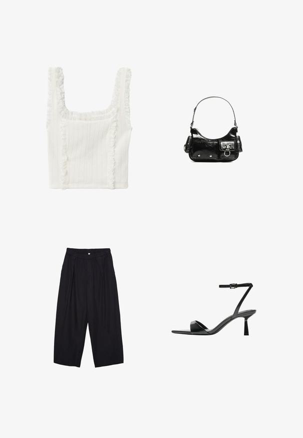 Koton Top - off white; Schwarze Polyester-Culotte mit einem elastischen Bund, zwei vorderen Falten und einer lockeren Silhouette. Keine sichtbaren Muster oder Hardware-Details.; Bershka High Heel Sandalette - black; Schwarze Lackleder-Handtasche mit geschwungenem Design, einem Schulterriemen, Vordertaschen und silberfarbenen Hardware-Akzenten.