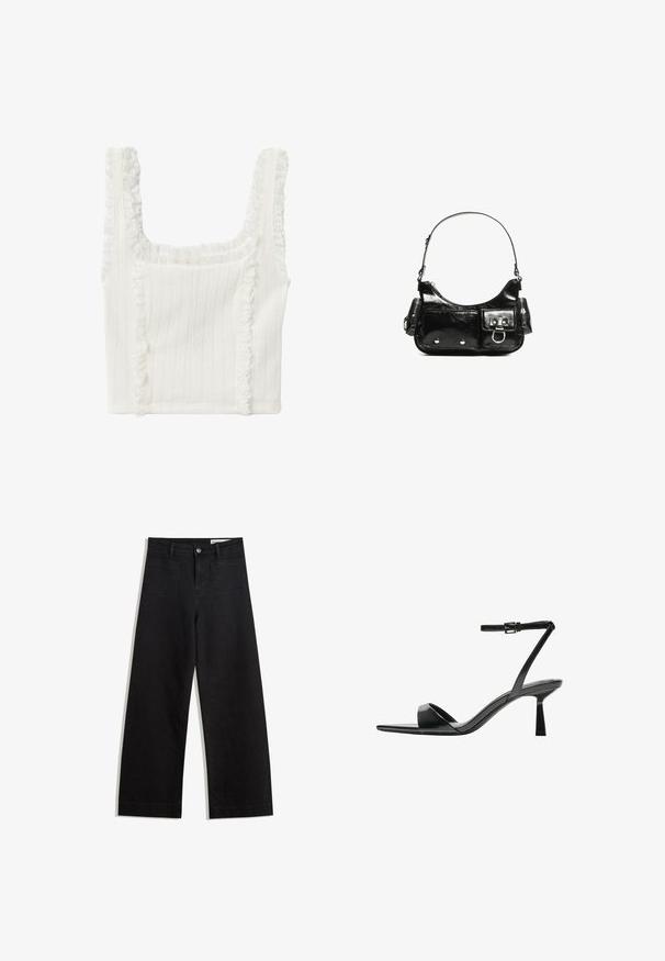 Koton Top - off white; Zwarte denim broek met wijde pijpen en een hoge taille, voorzien van voor- en achterzakken, gestikte naden en een knoopsluiting. Gladde textuur.; Bershka Sandalen met hoge hak - black; Zwarte laarzen in lakleer met een gebogen vorm, één schouderband, voorvakken en accenten in zilverkleurig metaal.