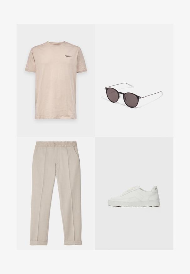 Beige cotton t-shirt with short sleeves, crew neck, and printed "ARMANI EXCHANGE" logo on the left chest. Soft texture, minimal design.; Filippa K TERRY CROPPED TROUSERS - Trousers - sage melange; White leather sneaker with a smooth finish, round toe, flat laces, and a textured sole. Features a subtle logo on the heel.; Black round sunglasses with dark lenses and slim metal arms. Includes clear temple tips and silver accents at the hinge. Minimalist design.