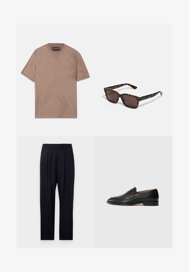 Krátký rukáv béžové tričko vyrobené z měkké tkaniny s jemným vzorem loga Emporio Armani po celém povrchu. Kulatý výstřih s švy.; Námořnické modré kalhoty rovného střihu, s texturovanou tkaninou, dvěma předními sklady, poutky na opasek a zapínáním na zip.; Černé kožené mokasíny s kulatou špičkou, jemným prošíváním a nízkým podpatkem, s hladkým povrchem a minimalistickým designem.; Sluneční brýle Gucci se čtvercovými, želvovinovými plastovými obroučkami a hnědými čočkami. Obsahují jemné branding na spáncích.