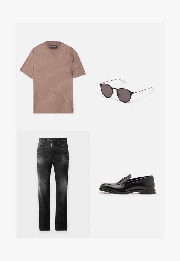 Lühikeste varrukatega beež T-särk, mis on valmistatud pehmest kangast ja millel on peen kogu pinnale kantud Emporio Armani logo muster. Ümar kaelus koos õmblusdetailidega.; Mustad denim püksid otse lõikega. Omavad kulunud piirkondi, väikseid kahjustusi, klassikalist viit taskut ning nööpkinnitust.; Mustad mustad nahast loafers sileda tekstuuriga, ümarat ninaosa ja dekoratiivne riba vampi üle. Madal kihiline konts, minimalistlik disain.; Mustad mustad prillid tumedate läätsedega ja õhukeste metallist käepidemetega. Kaarja kujuga seljaosa ja hõbedased aktsendid hingel. Minimalistlik disain.