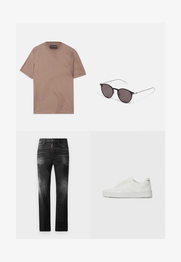 Īsām piedurknēm brūns T-krekls izgatavots no mīksta auduma, kam ir smalks Emporio Armani logo raksts visā virsmā. Apaļš kakla izgriezums ar šuvju detaļām.; Melni džinsi no denima ar taisnu piegriezumu. Iespējas ietver izbalējušas vietas, nelielas nodiluma pazīmes, klasisko piecu kabatu dizainu un pogu aizdari.; Baltas ādas sneakers ar gludu virsmu, apaļu pirkstu daļu, plakaniem šņorēm un teksturētu zoli. Satur diskrētu logotipu uz papēža.; Melni apaļi saulesbrilles ar tumšiem lēca un plānām metāla stangām. Iekļautas caurspīdīgas tempļu galviņas un sudraba akcenti pie eņģes. Minimalistisks dizains.