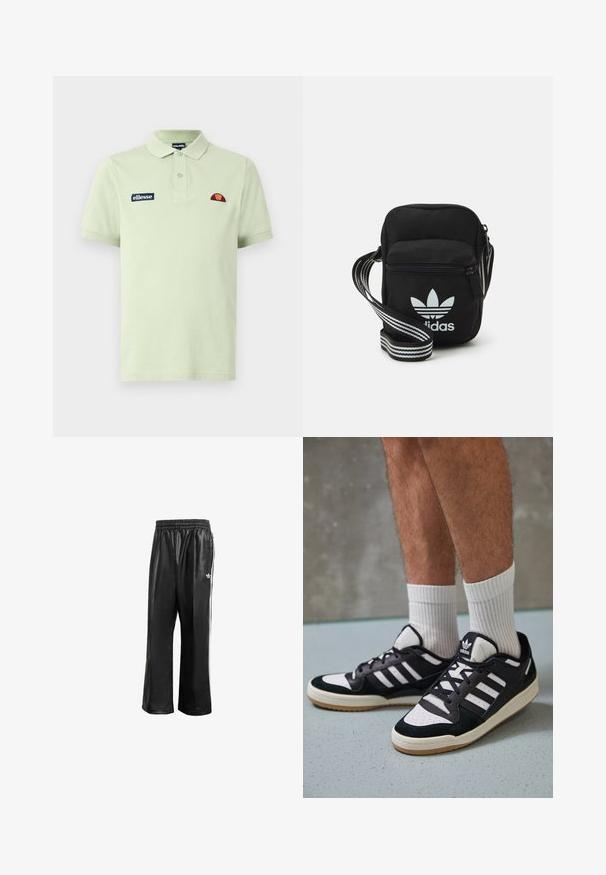 Polo de cor verde claro, feito de algodão, com gola, mangas curtas e logótipo bordado com um design de lua crescente em vermelho e laranja.; Calças de treino sintéticas pretas com um cós elástico, apresentando riscas laterais brancas e um pequeno logótipo branco no quadril esquerdo.; Ténis em preto e branco com upper em camurça e couro, apresentando três riscas brancas, um toe perfurado e uma sola em borracha de goma.; Sacolinha transversal de tecido preto com fecho de zíper, apresentando um logo da Adidas em branco e uma alça ajustável listrada para facilitar o transporte.
