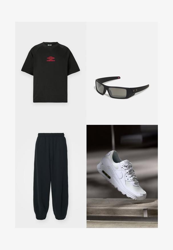 Melnas īsām piedurknēm apļveida kakla krekls ar sarkano Umbro logo centrā uz vienkārša balta fona.; Melnas sporta bikses ar elastīgu jostasvietu, brīvu piegriezumu, aprocēm ap potītēm, gludu tekstūru, un bez redzamām rakstu vai aparatūras akcentiem.; Baltas Nike Air Max 90 sporta apavi ar sietu un ādas augšdaļu, caurspīdīgu pirksta daļu un redzamu gaisa vienību papēdī.; Melni saulesbrilles ar matētu apdari, taisnstūra lēcām, nedaudz izliektiem tempļiem, smalkiem logotipa elementiem un dūmu nokrāsas lēcām.