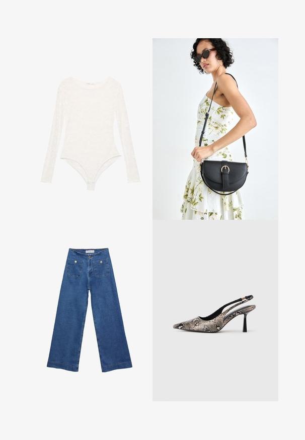 Bijela čipkasta bodi s dugim rukavima i okruglim izrezom, uklopljenog kroja, s cvjetnim uzorkom i zatvaranjem za gaćice.; Denim široke hlače s medijskom plavom pranju, dva prednja džepa s dugmadi, i šivana dekoracija duž rubova.; Cipele s otvorenom petom i špicastim prstom izrađene od teksturiranog materijala sa uzorkom zmijske kože, s tankim crnim potplatom i izrezanim dizajnom sa strane.; Crna kožna torba s lukovitim oblikom, odvojivim remenom i zlatnim detaljima. Torba ima preklop s kopčom.