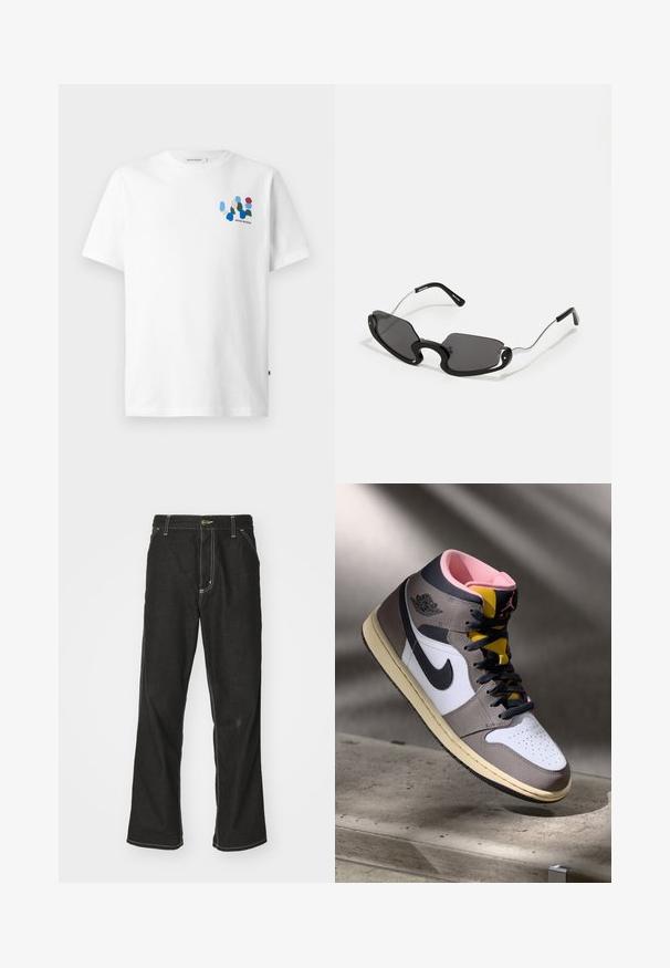 Bílý bavlněný tričko s barevným abstraktním designem na levé části hrudi, který obsahuje modré, zelené, červené a broskvové tvary. Krátké rukávy a kulatý výstřih.; Černé denimové džíny s volným střihem, s kontrastním bílým prošíváním, zapínáním na knoflík a rovnými nohavicemi.; Bílé, šedé a černé vysoké tenisky Nike Air Jordan s růžovým interiérem a žlutým jazykem, umístěné na betonovém povrchu.; Černé sluneční brýle s jedinečným tvarovaným štítem, vybavené tmavými skly a tenkými stříbrnými kovovými nohami. Rámečky mají zaoblené akcenty a výrazný design.
