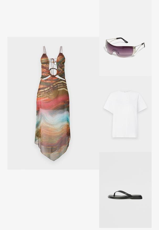 Valkoinen lyhythihainen t-paita, joka on valmistettu puuvillasta. Siinä on pyöreä kaula-aukko, rento istuvuus ja sileä pinta ilman kuvioita tai koristeita.; Monivärinen läpikuultava mekko, jossa on säädettävät spagettiolkaimet, leikattuja kohtia ja virtaava helma. Abstrakti kuviointi sisältää lämpimiä sävyjä ja turkooseja vivahteita.; Mustat varvastossut, joissa on sileä nahkapinta, ohut hihna ja litteä pohja, jossa on minimalistinen muotoilu. Ei huomattavia kuvioita tai koristeita.; Aurinkolasit, joissa on suuret, kaarevat violetit linssit, hopeiset metallikoristeet ja mustat templet, joissa on logo. Kehyksissä on näkyviä teksturoituja yksityiskohtia.; Vihreä oliivinvärinen mokkanahkainen käsilaukku, jossa on hopeinen tähti koristeena, kaksinkertaiset kahvat ja vetoketjusulku. Teksturoitu pinta ja rakenteellinen muoto.