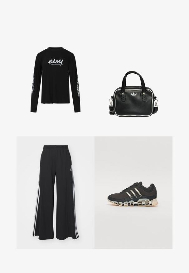 Zwarte langemouw T-shirt van katoen, met een groot wit grafisch logo aan de voorkant en tekst langs beide mouwen. Ronde halslijn, ruime pasvorm.; Zwarte wijde sweatpants met een elastische tailleband, met witte zijstrepen en een geborduurd logo op de linker dij.; Zwarte sportschoen met een gestructureerde bovenkant, drie zilveren strepen en een kenmerkende dempingszool met meerdere geïntegreerde secties.; Zwarte leren handtas met twee korte handvatten, zilverkleurige hardware, witte accenten en een wit logo. Heeft een gestructureerd oppervlak en een compact ontwerp.
