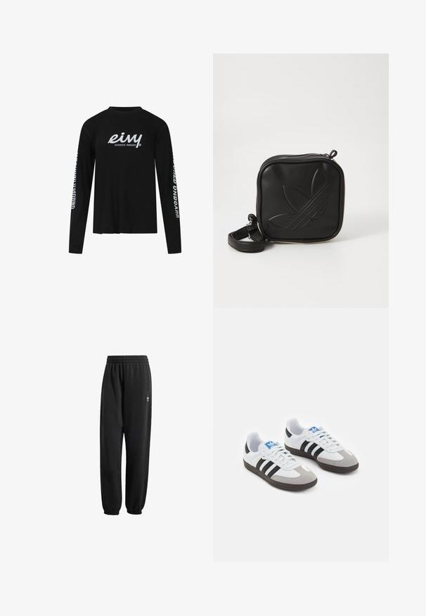 Zwarte langemouw T-shirt van katoen, met een groot wit grafisch logo aan de voorkant en tekst langs beide mouwen. Ronde halslijn, ruime pasvorm.; Zwarte sweatpants van zacht, gestructureerd materiaal. Voorzien van een elastische tailleband, boorden en een klein wit logo nabij de heup.; Sportschoenen met een witte leren bovenkant, grijze suède neus en drie zwarte strepen. Bevat een blauw logo op de tong en een gestructureerde rubberen zool.; Zwarte vierkante crossbody tas van gestructureerd synthetisch materiaal. Met een reliëflogo ontwerp en een verstelbare schouderband. Ritssluiting.