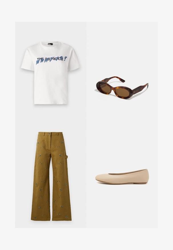 Witte katoenen t-shirt met korte mouwen en ronde hals. Bevat een tekstafbeelding in blauw en zwart met de tekst "THE 27 PROBLEM?" in vette letters.; Wijde broek van olijfgroen stof met bloemenborduursels. Voorzien van een knoopsluiting en zijzakken. Textuurdetail in de stiching overal.; Beige leren ballerina met een ronde neus, minimale naaidetailing, lage hak en subtiel logo op de achterkant. Gladde, matte textuur.; Schildpad zonnebril met ovale lenzen, bruine tint en gouden accenten op de armen. Dikke monturen met een glanzende afwerking en een gladde textuur.