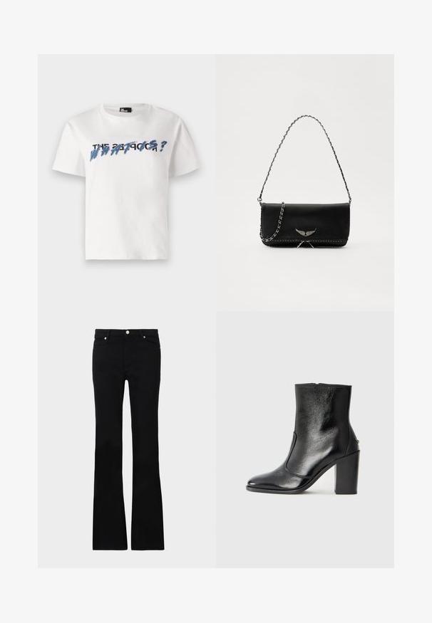 White cotton t-shirt with short sleeves and round neck. Features blue and black text graphic reading “THE 27 PROBLEM?” in bold letters.; Black flared jeans made of denim, featuring two front pockets, a button closure, and a smooth texture. Signature stitching visible at seams.; Black leather ankle boot with a smooth texture, pointed toe, and a chunky high heel. Features a side opening and minimalistic design.; Black leather handbag with a silver chain strap, featuring decorative wing accents and white stitching along the bottom seam.
