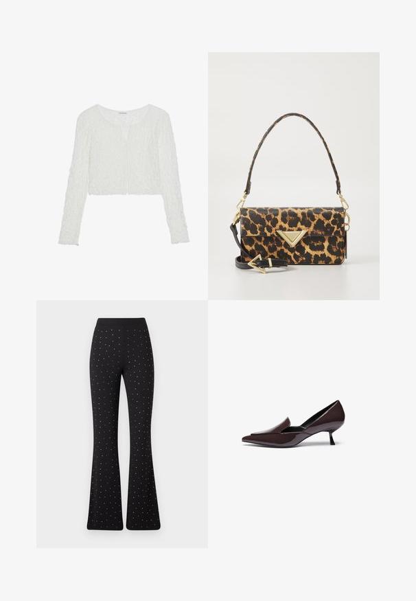 Even&Odd LAYA - Long sleeved top - off white; Black blouse made from soft fabric with a high ruffled neckline, a keyhole opening at the front, and long puffed sleeves with fitted cuffs.; Black flared pants with evenly spaced small white dots and a plain waistband against a white background.; Pointed-toe pumps in dark brown patent leather with a low stiletto heel and sleek silhouette, featuring a slightly raised vamp.; Leopard-print handbag in textured faux leather, featuring a gold-tone triangular accent and a removable shoulder strap.; Silver hoop earring with a polished finish, featuring small gold accent details and a round shape, worn on the lobe.