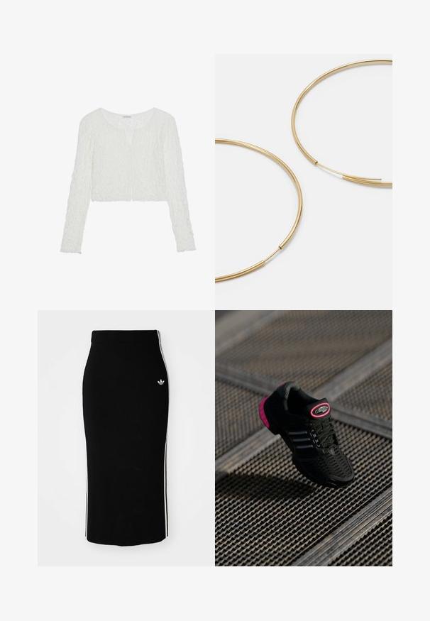 Even&Odd LAYA - Langarmshirt - off white; Schwarzer, gerippter Midikleid mit einem taillierten Design, das weiße Seitenstreifen und ein kleines weißes Emblem auf der linken Seite aufweist.; Schwarzer Sportschuh mit Netzobermaterial, pinken Akzenten und schwarzen gestreiften Details. Verfügt über eine strukturierte Außensohle und ein Logo-Label an der Ferse.; Goldfarbene Ohrringe in Form von dünnen, runden Kreolen, mit einer glatten, metallischen Oberfläche und ohne Verzierungen oder Muster.