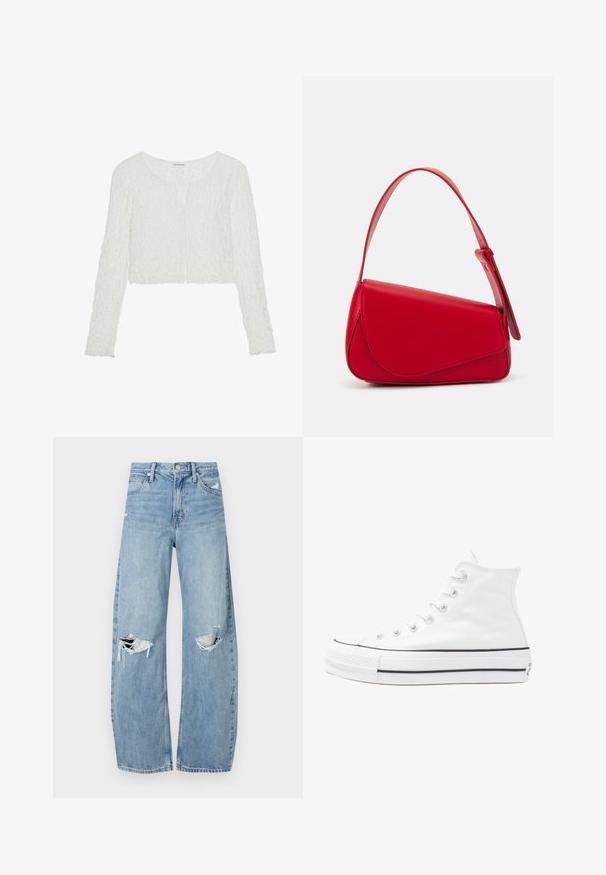 Even&Odd LAYA  - Langarmshirt - off white; Helles, hochtailliertes Jeans aus Denim. Hat weit geschnittene Beine, zwei aufgerissene Kniebereiche und klassischen Fünf-Taschen-Stil.; Weiße hochwertige Leinensneaker mit schwarzer Gummisohle, vorderem Gummizehenschutz und sechs Ösen für Schnürsenkel, die ein sauberes, minimalistisches Design aufweisen.; Rote Lederhandtasche mit einem kantigen, geometrischen Design. Verfügt über einen verstellbaren Schulterriemen und einen Klappenverschluss mit genähten Details.