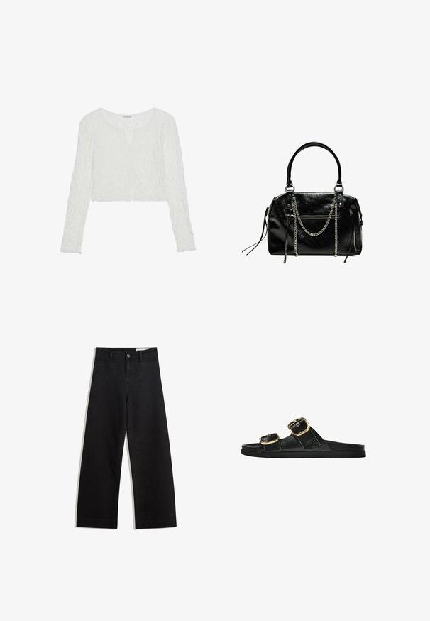 Even&Odd LAYA - Hosszú ujjú felső - off white; Fekete, bő szabású farmernadrág magas derékkal, elülső és hátsó zsebekkel, varrott felületekkel és gombos záródással. Sima textúra.; Fekete csúszó szandál, két arany csattal, sima textúrájú anyagból, lapos talppal és minimalista dizájnnal.; Bershka WITH CHAIN - Kézitáska - black