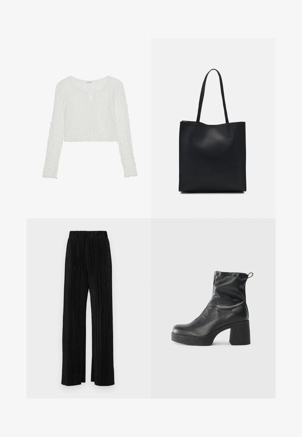 Even&Odd LAYA  - Camiseta de manga larga - off white; Pantalones negros de pliegues con una cintura elástica. Presentan piernas anchas y una tela suave y texturada con rayas verticales.; Botines negros de tobillo, hechos de cuero suave, con cierre lateral, tacón grueso texturizado y diseño de punta redondeada.; Bolso tote de cuero negro con textura lisa, forma rectangular y dos asas largas. Sin herrajes ni adornos visibles.