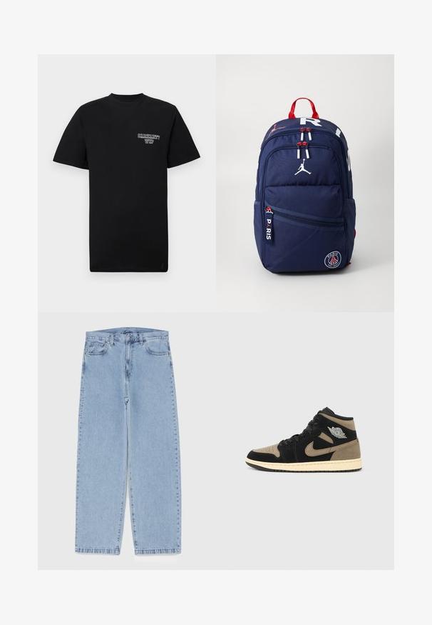 Juodas medvilninis marškinėliai trumpomis rankovėmis ir apvalia iškirpte, su balta spausdinta logotipu kairėje krūtinės pusėje. Lygus paviršius, standartinis pritaikymas.; Šviesiai mėlyni džinsai su tiesiomis kojomis, turintys vidutinio aukščio juosmenį, penkias kišenes ir mygtuko bei užtrauktuko uždarymą.; Aukštakulniai sportbačiai su juodu ir rudu zomšu, perforuotu pirštu, smėlio spalvos padais, juodais raišteliais ir sidabriniu logotipu šone.; Jūrinis kuprinės su raudonais akcentais, daugybe užtraukiamų skyrių, logotipų pleistrais ir reguliuojamais diržais. Pagaminta iš patvarios medžiagos.