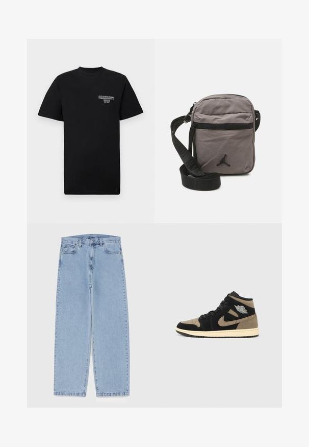 Black cotton t-shirt with short sleeves and a crew neck, featuring a white printed logo on the left chest. Smooth texture, standard fit.; Light blue denim jeans with straight leg design, featuring a mid-rise waist, five pockets, and a button and zipper closure.; High-top sneakers featuring black and tan suede, perforated toe, beige midsole, black laces, and a silver logo on the side.; Gray nylon crossbody bag with a zippered front pocket, adjustable black strap, and black logo accent on the front. Compact and lightweight design.; Navy backpack with red accents, multiple zippered compartments, logo patches, and adjustable straps. Made of durable fabric.