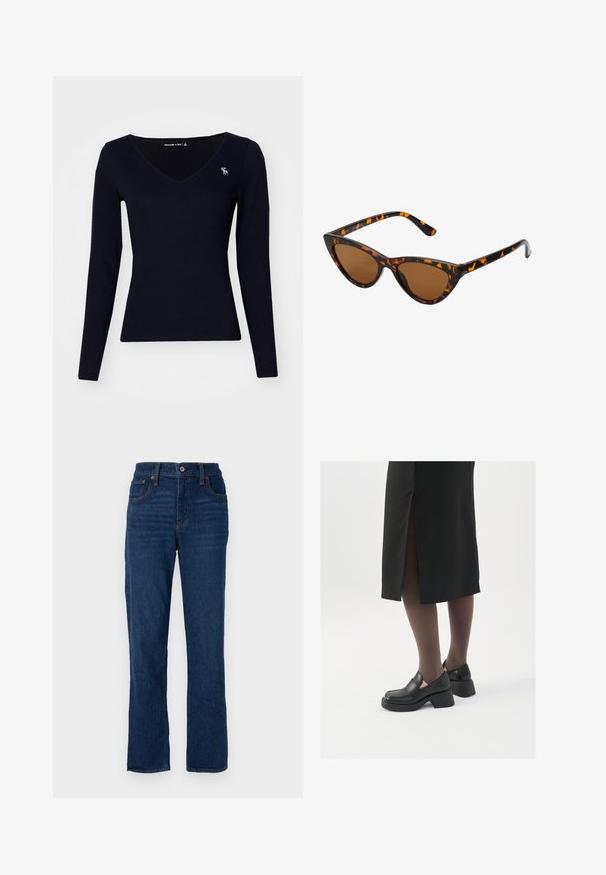 Abercrombie & Fitch CLOUD ICON VNECK - Topper langermet - black beauty; Mørkeblå denim jeans med rett ben, fem lommer, oransje sømmer og knappelukking i midjen.; Sorte lærersko med rund tå, tykk blokkheel og elastiske sideaksenter, sammen med mørke strømpebukser og et svart skjørt med splitt.; Kattøye solbriller med en svart og oransje skjellramme, brune linser og elegante, spisse tupper. Har en minimalistisk logo på stangen.