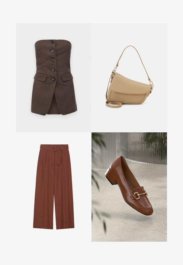 Malina LEX TAILORED BUSTIER - Top - chocolate; Pantalones de pierna ancha en tela marrón, con un cinturón de hebilla cuadrada, diseño plisado y textura suave.; Mocasines de charol marrón con punta cuadrada, acento de cadena metálica y tacón bajo; textura suave, diseño minimalista.; Even&Odd Bolso de mano - beige