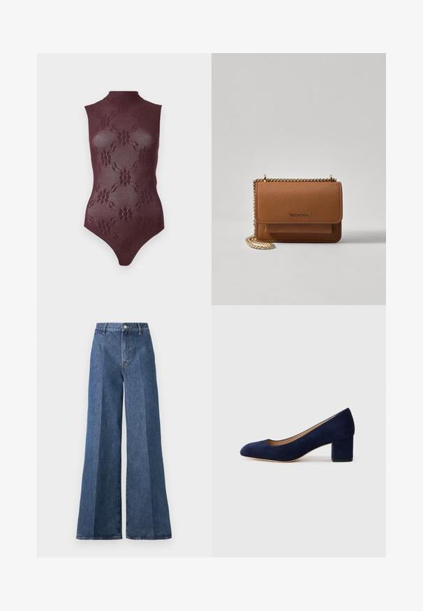 Burgundi csipkés body magas nyakkal, ujjatlan kialakítással és bonyolult virágmintával; áttetsző anyag kiemeli a test kontúrjait.; Nagyméretű kék farmernadrág magas derékkal, klasszikus öt zsebes stílussal és gombos záródással, struktúrált pamutszövetből készült.; Tengerészkék velúr, hegyes orrú pumpa, középmagas tömbsarkúval. Simítású felület finom fénylő hatással, elöl egy kis kivágással.; Barna textúrájú bőr keresztbody táska arany lánc pánttal és fedélzárral. Az elején logó részlet és egy zseb található a fedél alatt.