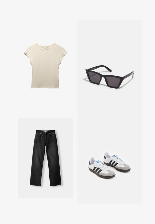 Crème-kleurige t-shirt met korte mouwen van zacht katoen. Voorzien van een ronde halslijn en een losse pasvorm met minimale stikdetails.; Bershka Straight leg jeans - mottled dark grey; Sportschoenen met een witte leren bovenkant, grijze suède neus en drie zwarte strepen. Bevat een blauw logo op de tong en een gestructureerde rubberen zool.; Zwarte, hoekige zonnebril met grijze lenzen; gemaakt van plastic, met dikke armen met een gladde oppervlakte en zonder zichtbare hardware.