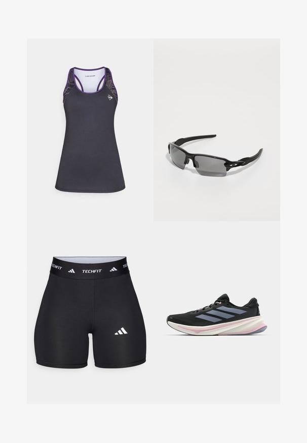 Black athletic tank top with purple accents, featuring a racerback design and textured mesh sides. Made from moisture-wicking fabric.; Black shorts made from stretchy fabric with a fitted design. Features a wide black waistband labeled "TECHFIT" and a white logo on the leg.; Black running shoe with mesh upper, light purple accents, and three horizontal gray stripes. Features a cushioned sole for comfort.; Black sports sunglasses with gray lenses, a curved frame design, and logo detail on the side. Made from lightweight plastic material.