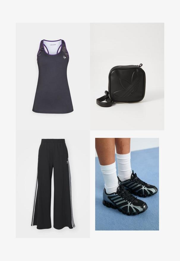 Black athletic tank top with purple accents, featuring a racerback design and textured mesh sides. Made from moisture-wicking fabric.; Black wide-leg sweatpants with an elastic waistband, featuring white side stripes and an embroidered logo on the left thigh.; Black athletic shoes with gray accents and mesh panels, featuring a textured sole and black laces, paired with white ribbed socks.; Black square crossbody bag made of textured synthetic material. Features an embossed logo design and adjustable strap. Zipper closure.